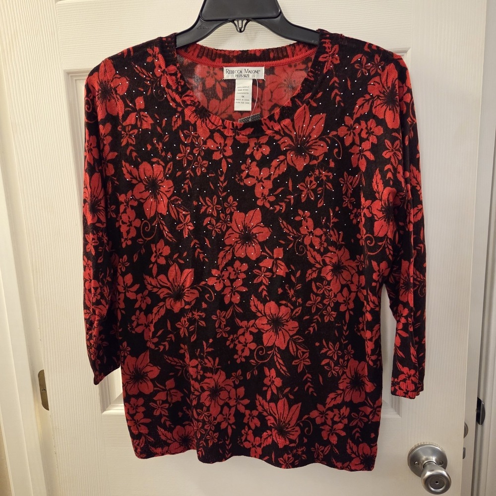 NWT Rebecca Malone Plus 1X Red‎ Floral Light Sweater 3/4 Slv Embellished artsy